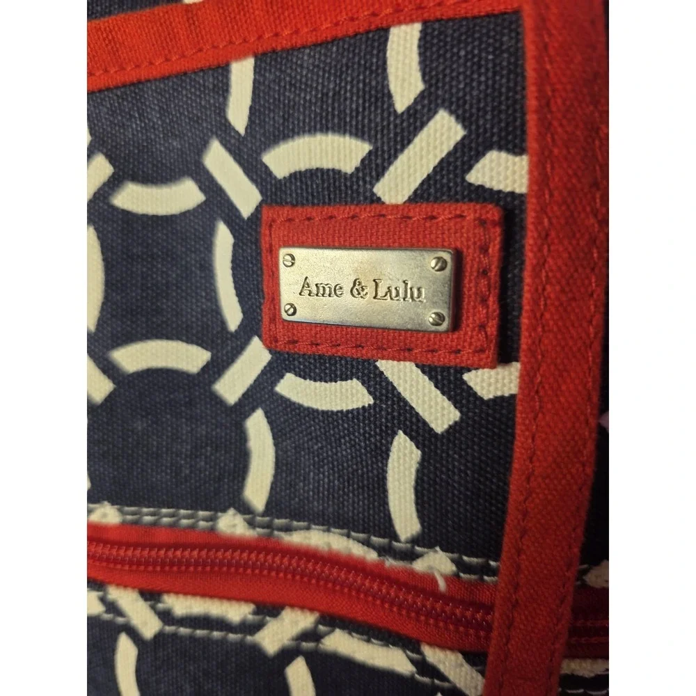 Ame & Lulu Tennis Backpack Red Navy Geometric Canvas Drawstring Large Tenniscore